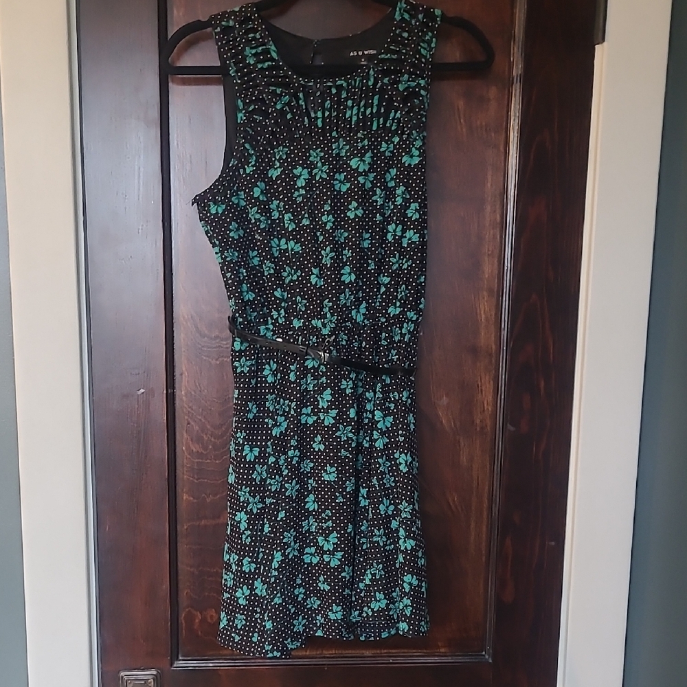 Sleeveless Black Mini Dress with Teal Floral Print